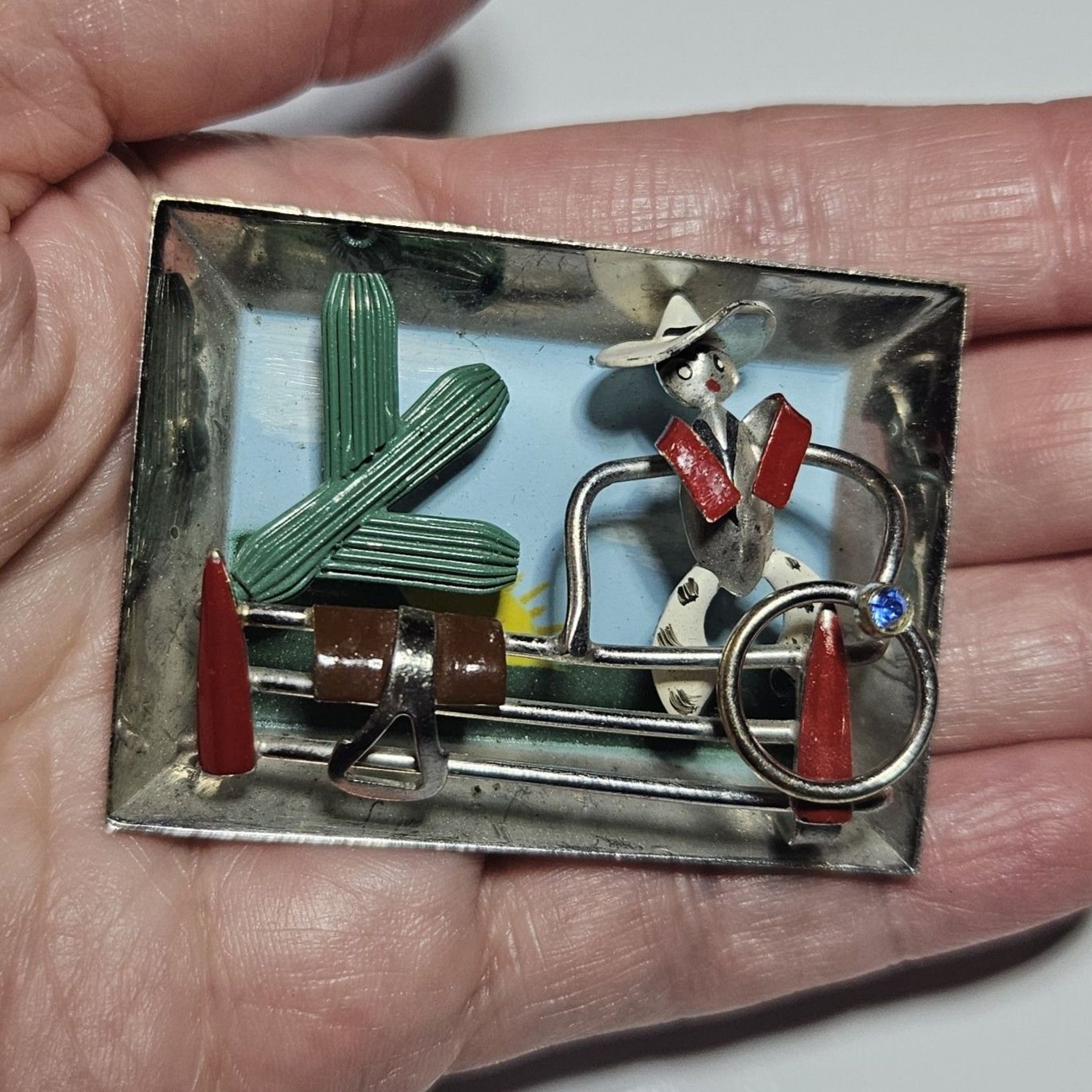 *Sale* Hand Made Shadow Box Panorama Western Cowboy Painted Enamel Brooch 3d